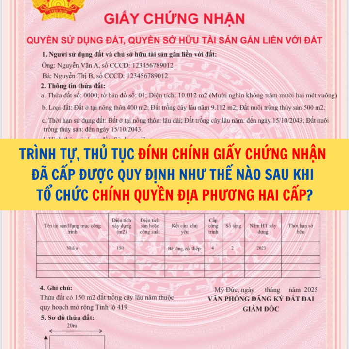 Trình tự, thủ tục đính chính Giấy chứng nhận đã cấp được quy định như thế nào sau khi tổ chức chính quyền địa phương hai cấp?